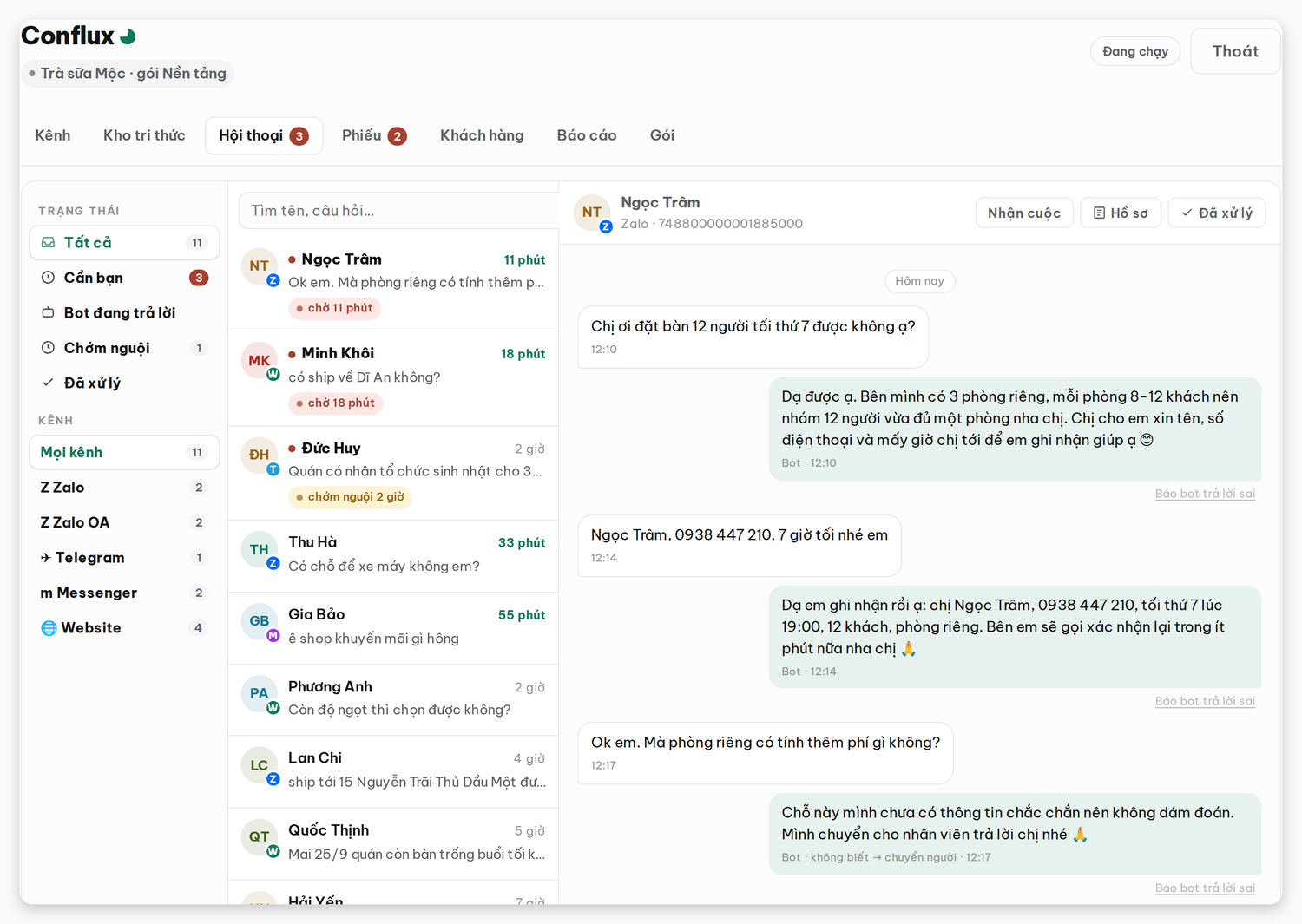 Inbox hội thoại của Trà sữa Mộc: 11 cuộc từ Zalo, Zalo OA, Telegram, Messenger và website